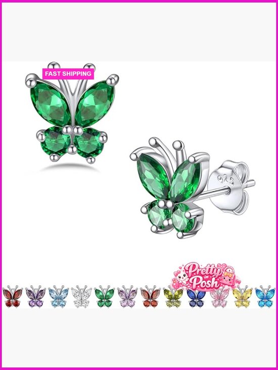 Jewelry - Gold Butterfly Earrings, Dainty Birthstone Studs Hypoallergenic Jewelry